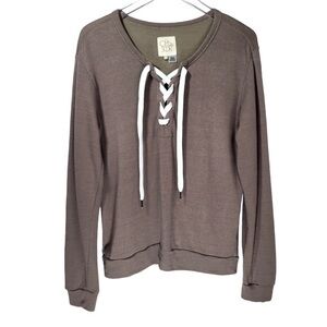 Chaser Lace Up Tie Pullover Long Sleeve Sweater in Brown/White